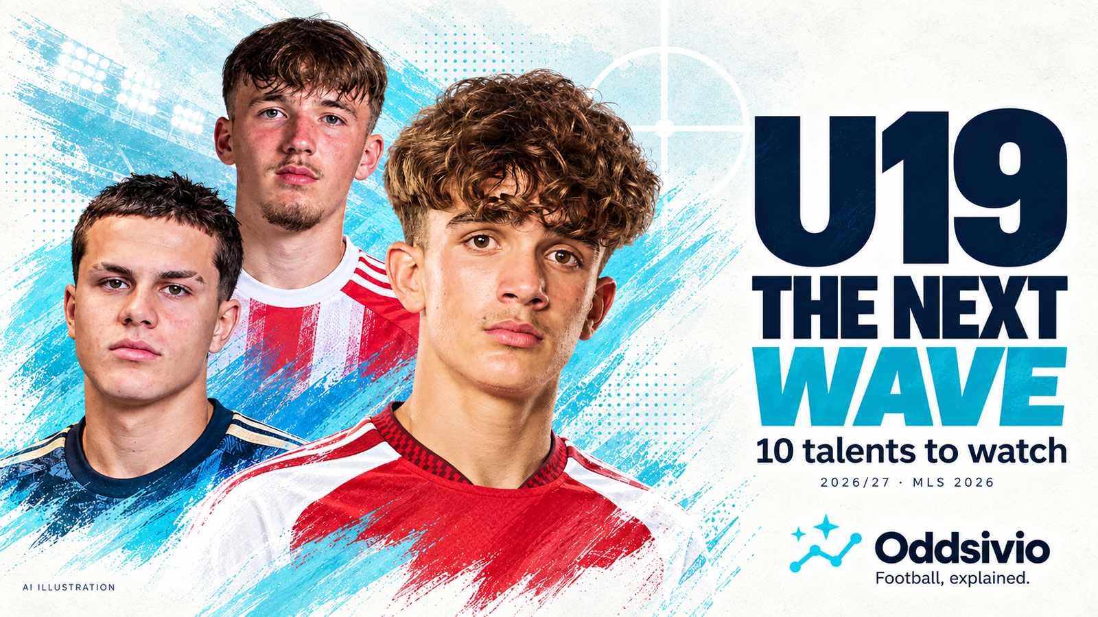 U19: The Next Wave. Illustrated portraits of Max Dowman, Lennart Karl and Cavan Sullivan, introducing ten football talents to watch.
