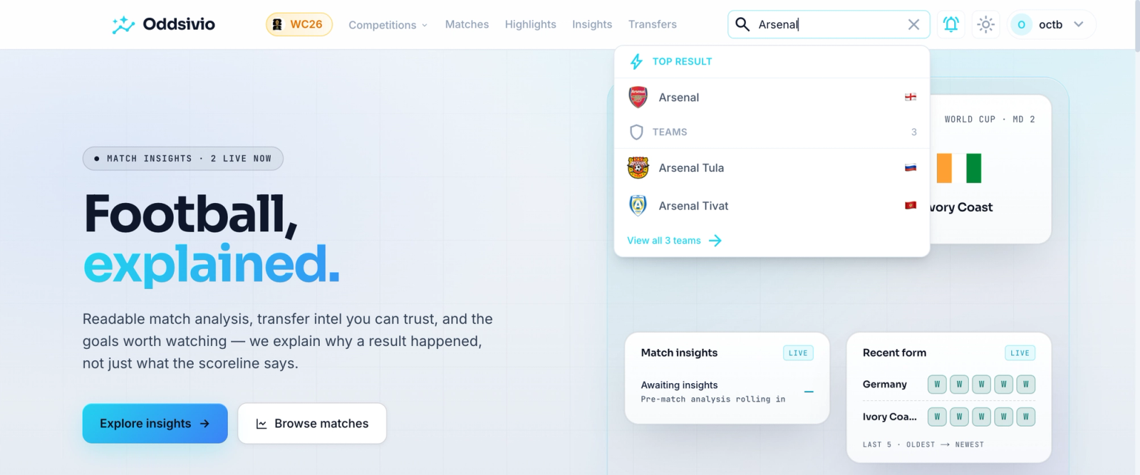 Instant search dropdown for the query Arsenal, showing a top result and a grouped Teams list.