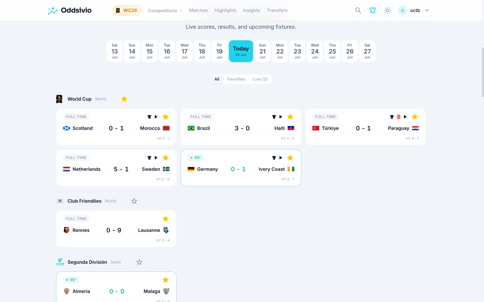 Today's matches dashboard with a date strip reading Today 20 Jun and grouped World Cup, Club Friendlies, and Segunda fixtures.