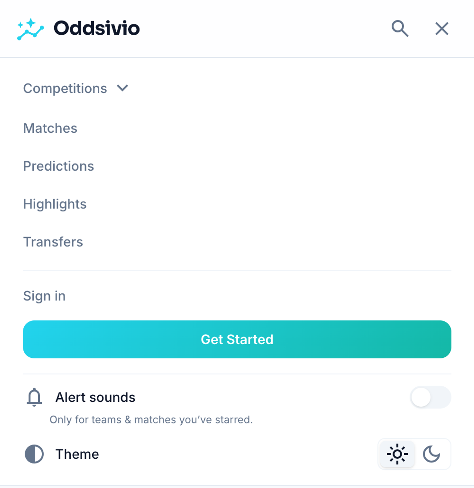 The Oddsivio mobile menu with the Alert sounds switch highlighted near the bottom