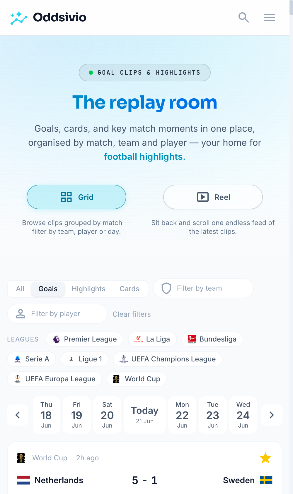 The replay room on mobile, filtered to goals only.