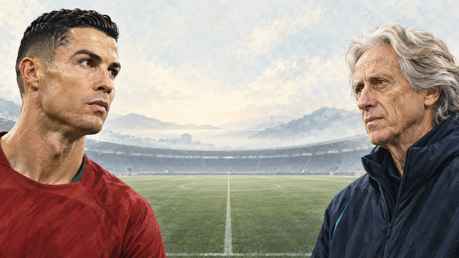 Conceptual illustration of Cristiano Ronaldo and Jorge Jesus with an open football pitch between them.