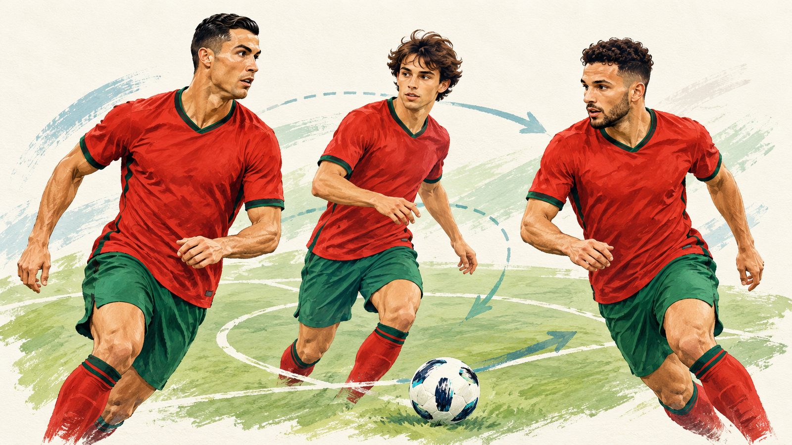 Conceptual illustration of Cristiano Ronaldo, Gonçalo Ramos and João Félix in Portugal-inspired colours on a light football pitch.