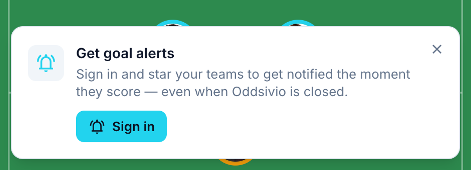 The Oddsivio "Get goal alerts" card on a match page, inviting the visitor to sign in and star their teams to get notified when they score