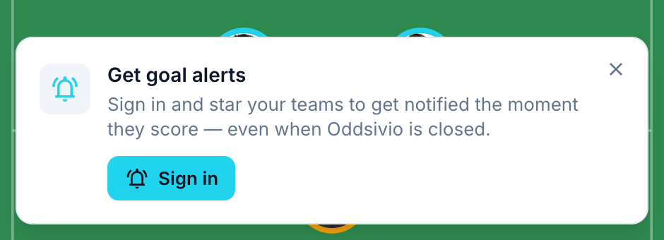 The Oddsivio "Get goal alerts" card on a match page, inviting the visitor to sign in and star their teams to get notified when they score