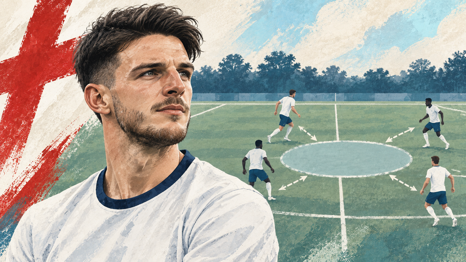 Editorial illustration of Declan Rice beside four anonymous England players around an open central area of a football pitch.