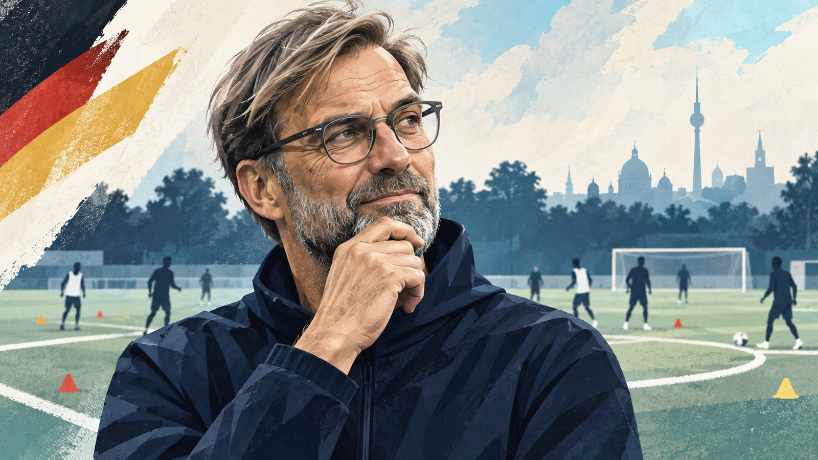 Original editorial illustration of Jürgen Klopp against an abstract football background.