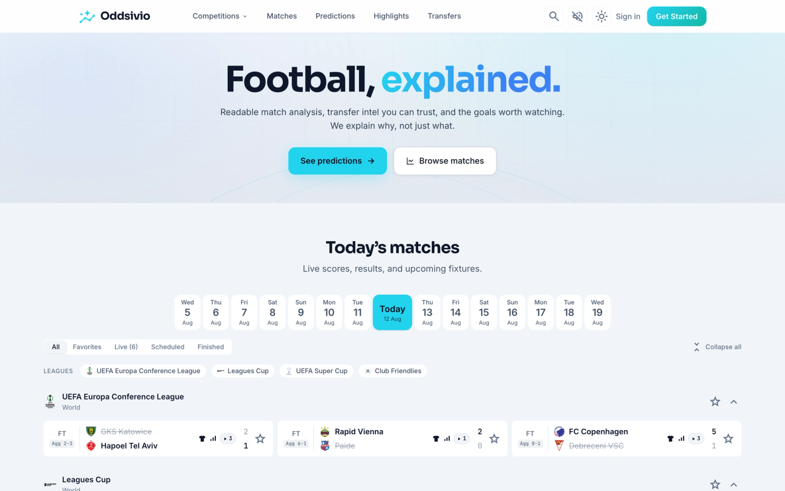 Oddsivio homepage hero reading "Football, explained" with See predictions and Browse matches buttons, above the Today's matches dashboard.