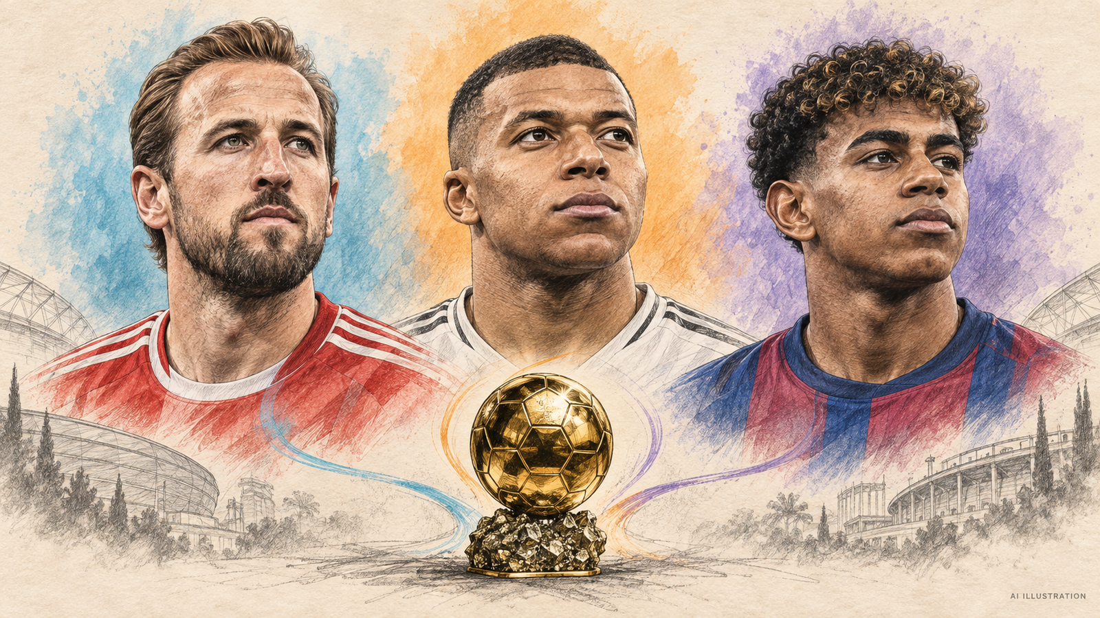 Illustrated portraits of Harry Kane, Kylian Mbappé and Lamine Yamal, with a golden Ballon d’Or trophy and three coloured paths converging beneath them.