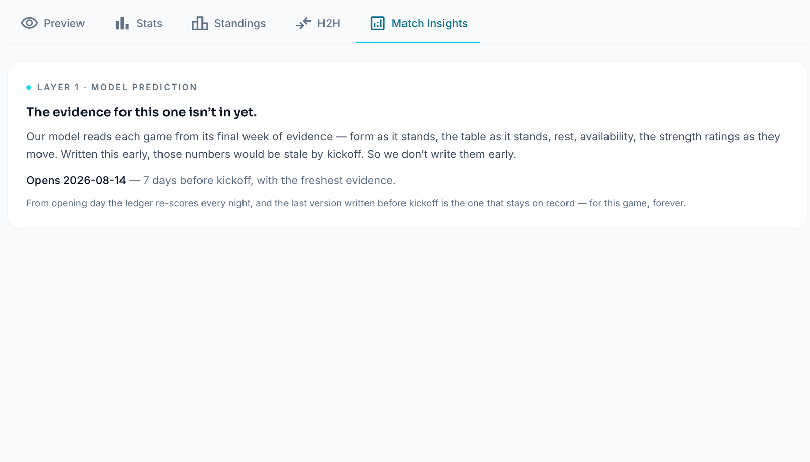 Oddsivio Match Insights tab for a future match showing the message "The evidence for this one isn't in yet" and the date the forecast opens