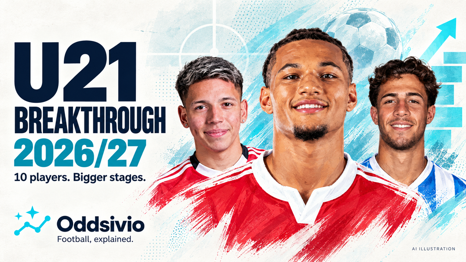 Paris Brunner, Gianluca Prestianni and Babis Kostoulas in a U21 breakthrough 2026/27 editorial illustration.