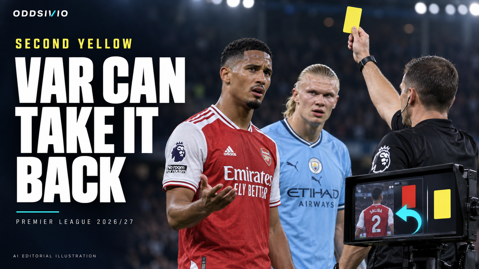 AI editorial illustration of Arsenal’s William Saliba and Manchester City’s Erling Haaland beside a referee showing a yellow card, with the headline VAR Can Take It Back.