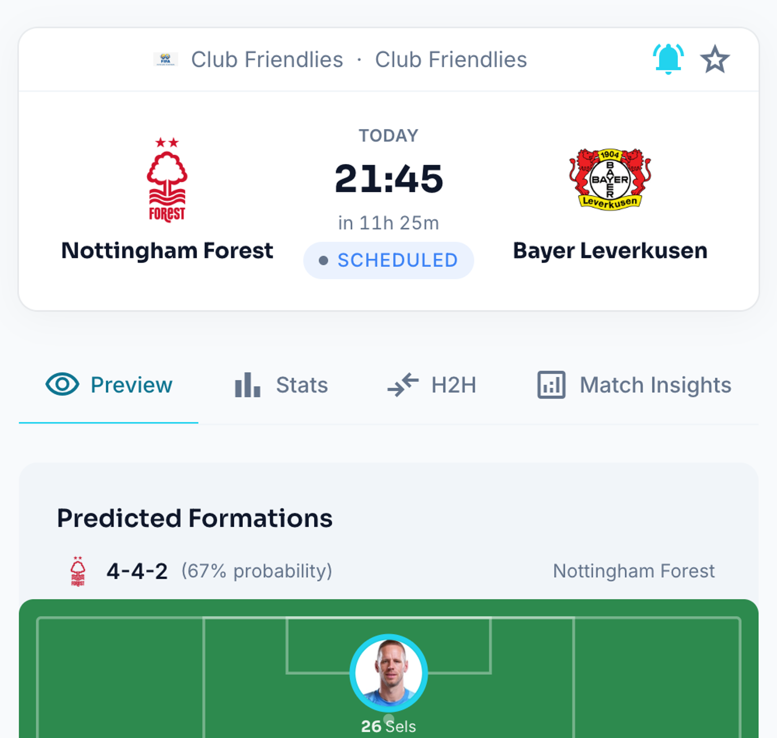 A match page header showing the mute bell and the favorite star side by side