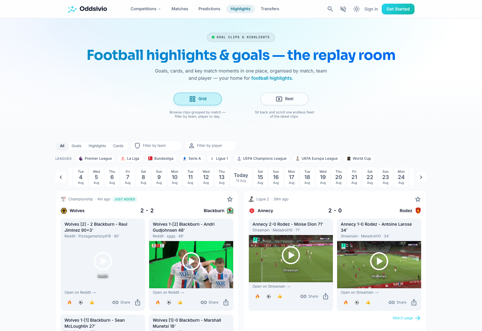 The Oddsivio highlights page in grid view, goal clips grouped by match with filters for competition and team