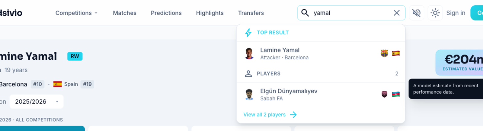 Oddsivio search overlay with "yamal" typed, showing Lamine Yamal of Barcelona as the top result