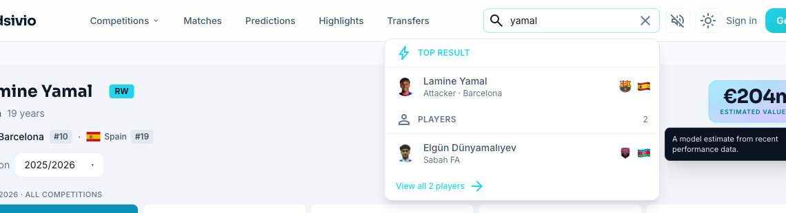 Oddsivio search overlay with "yamal" typed, showing Lamine Yamal of Barcelona as the top result