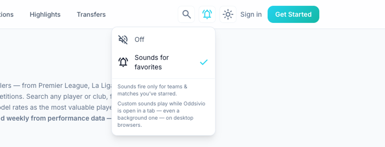 The alert sounds menu in the Oddsivio top navigation with two options, Off and Sounds for favorites, and a note that sounds fire only for starred teams and matches