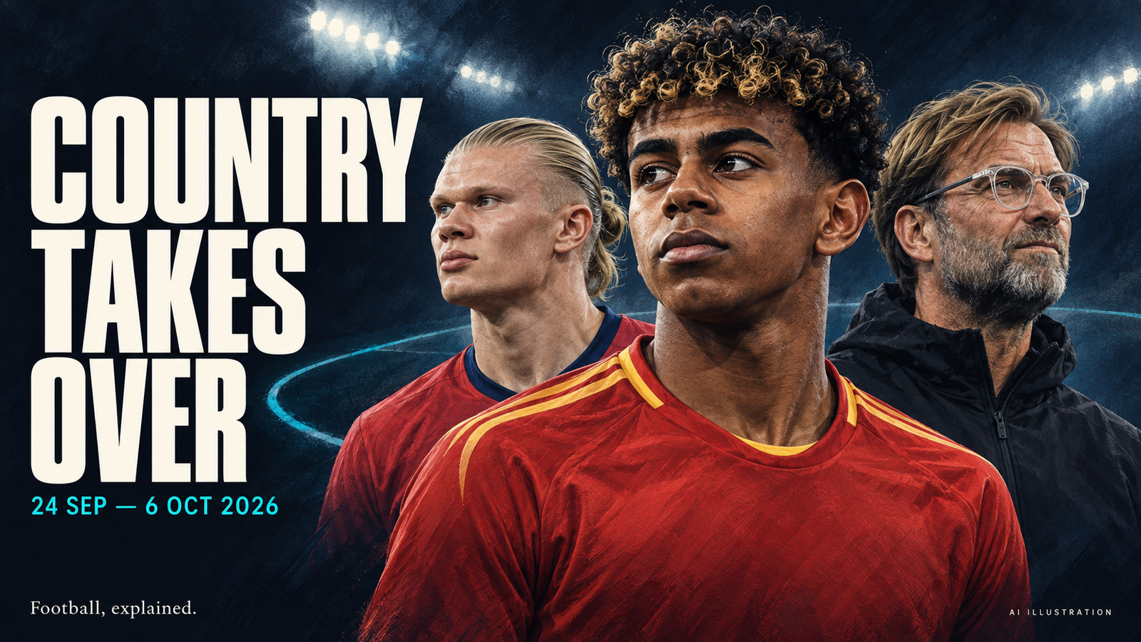 Editorial illustration of Lamine Yamal, Erling Haaland and Jürgen Klopp beside the words Country takes over and the dates 24 September–6 October 2026.