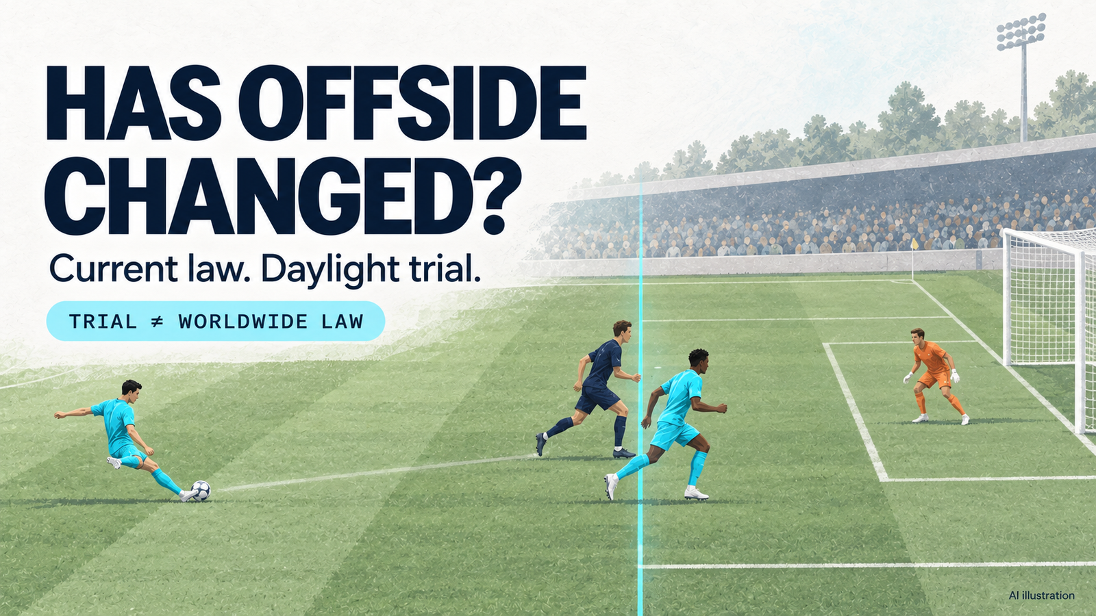 painterly football cover: passer at left, navy defender and cyan attacker beside a straight cyan reference line, with goalkeeper and goal to the right. Has offside changed?