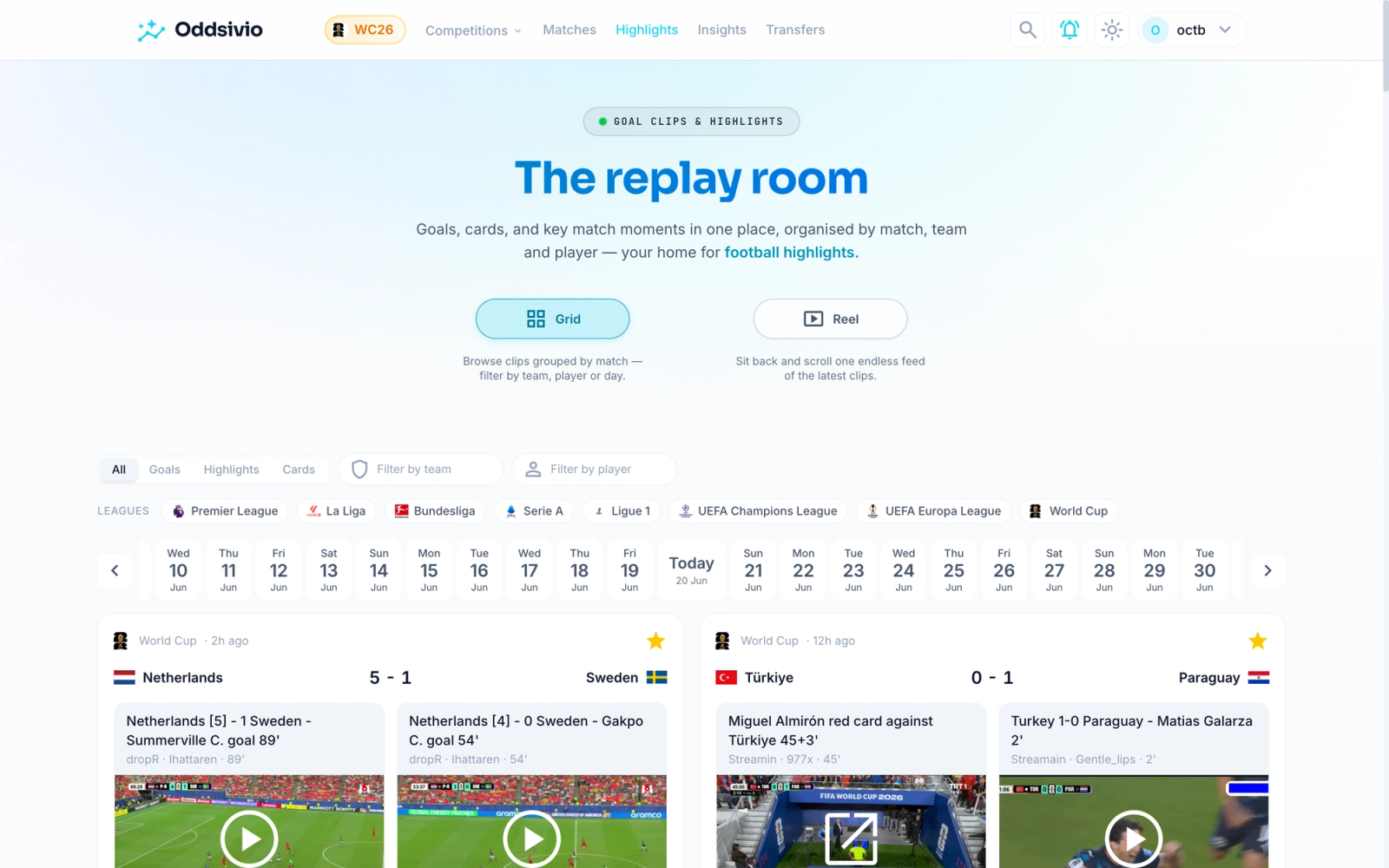 The replay room highlights grid, with a Grid and Reel toggle, Goals and Cards filters, filter-by-team and filter-by-player options, league chips, and clip cards tied to specific matches.