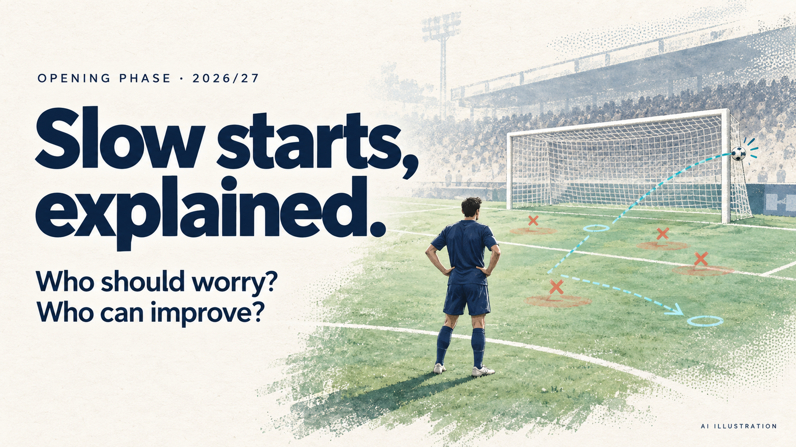 Conceptual illustration of a footballer studying a missed chance, with a goal and tactical markings on a light background.