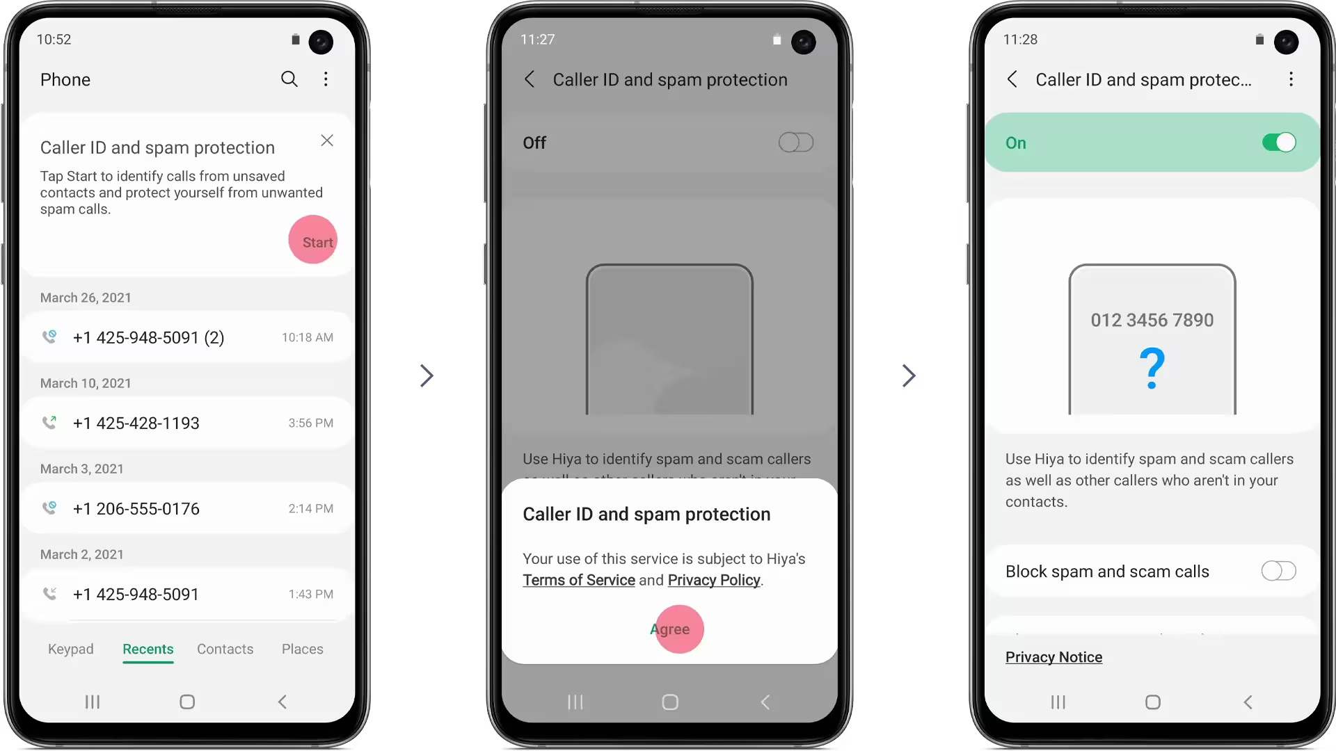 Three Samsung phone screens showing how to activate Smart Call from the phone settings for caller ID and spam protection