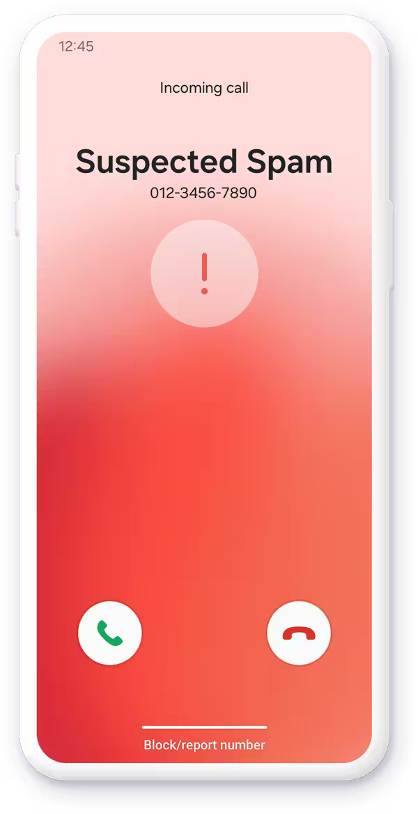 Samsung mobile phone showing the call display screen with an incoming suspected spam call, the display is bright red
