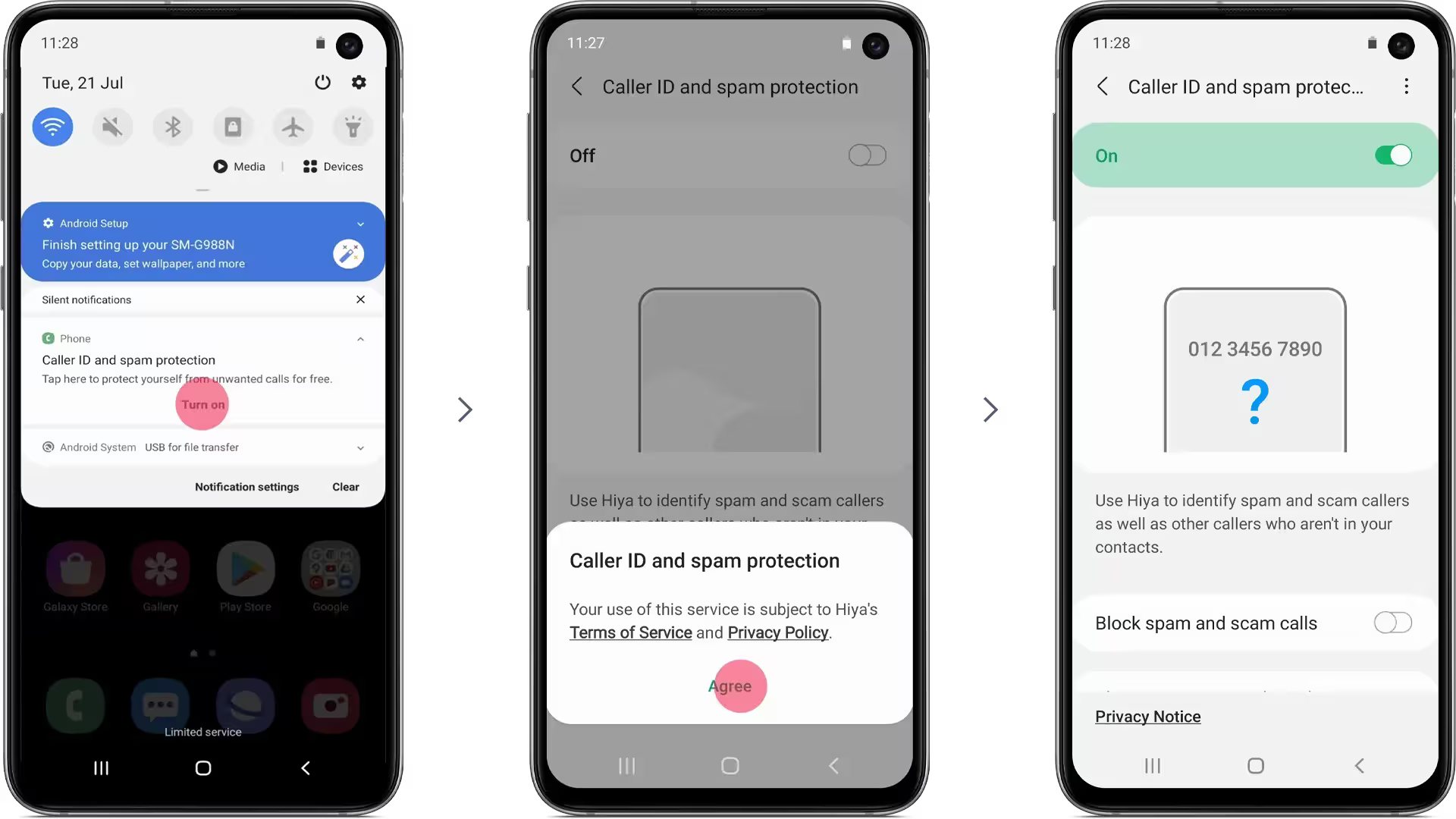 Three Samsung phone screens showing how to activate Smart Call from phone notification settings with 2 simple steps
