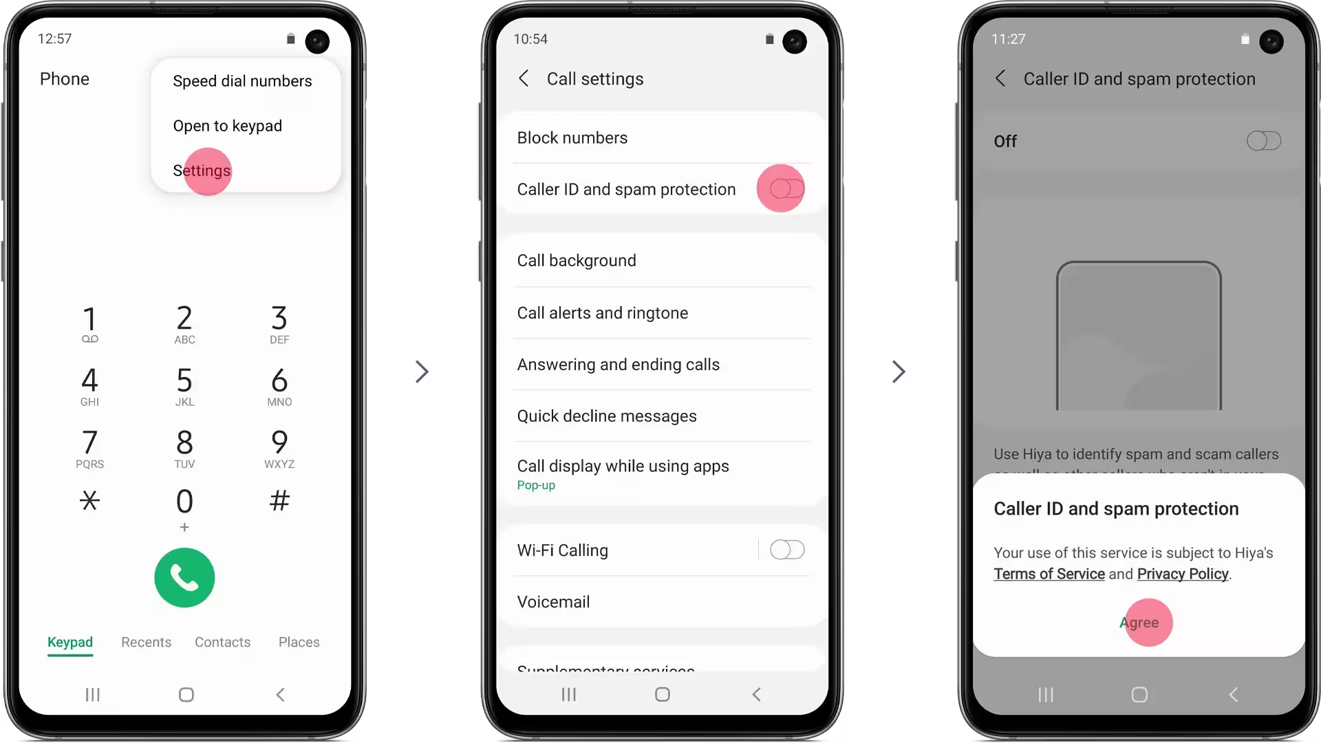 Three Samsung phone screens showing how to activate Smart Call from the phone settings