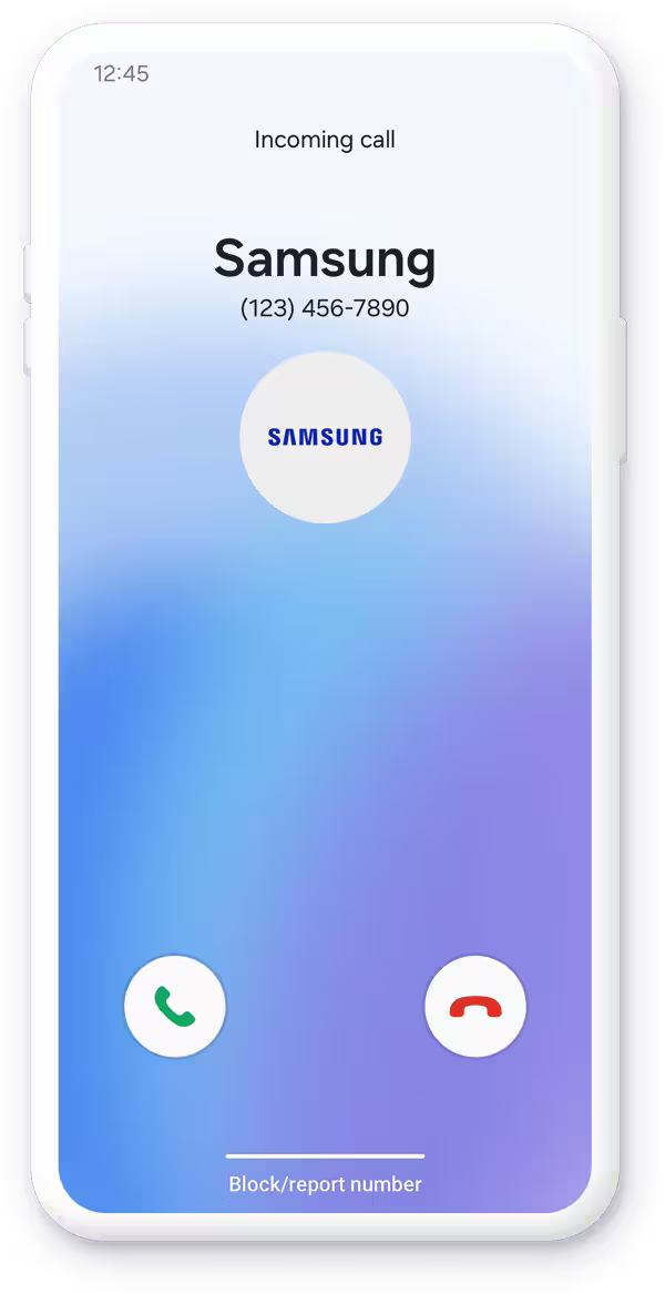 Samsung mobile phone showing the call display screen with an incoming call with caller ID