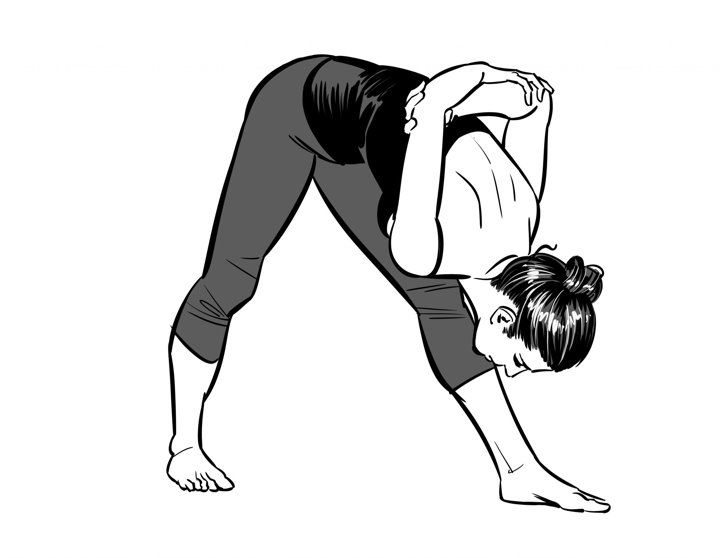 A line drawing of revolved triangle, one hand on the floor and the torso twisted.