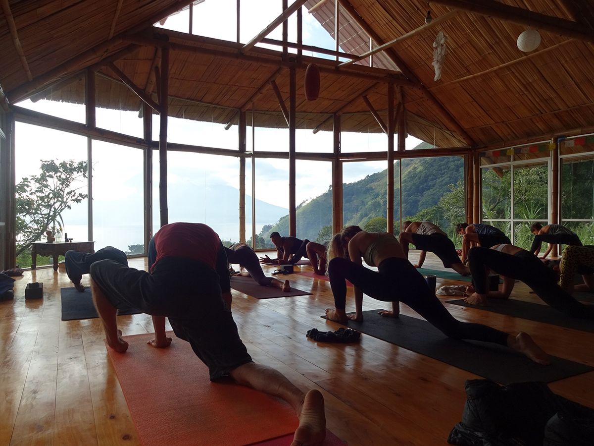 A class in downward-facing dog in the bamboo shala.