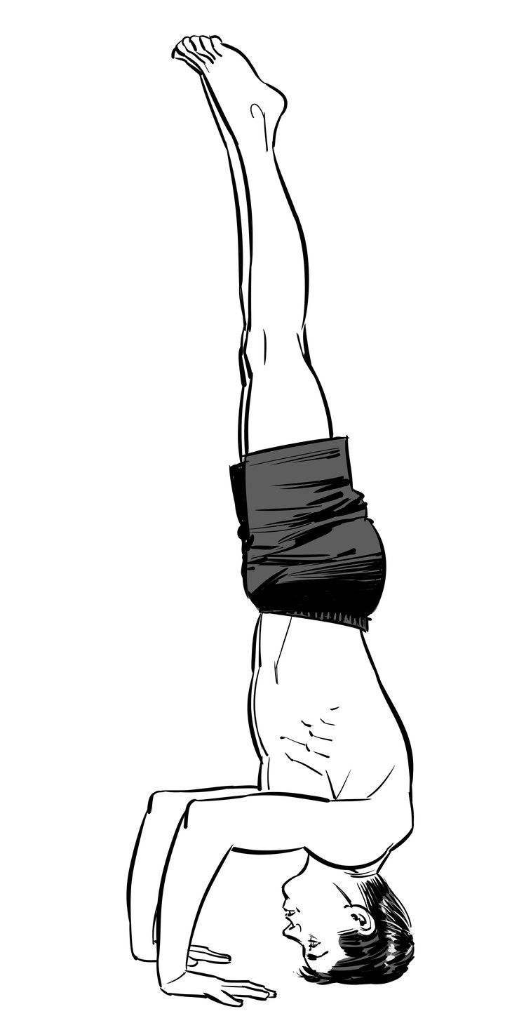 Tripod headstand, sirsasana B, hands planted beside the head and legs extended