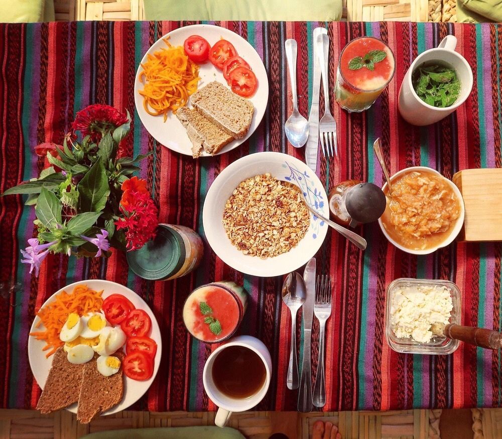 A simple home meal of grains, fruit, and vegetables.