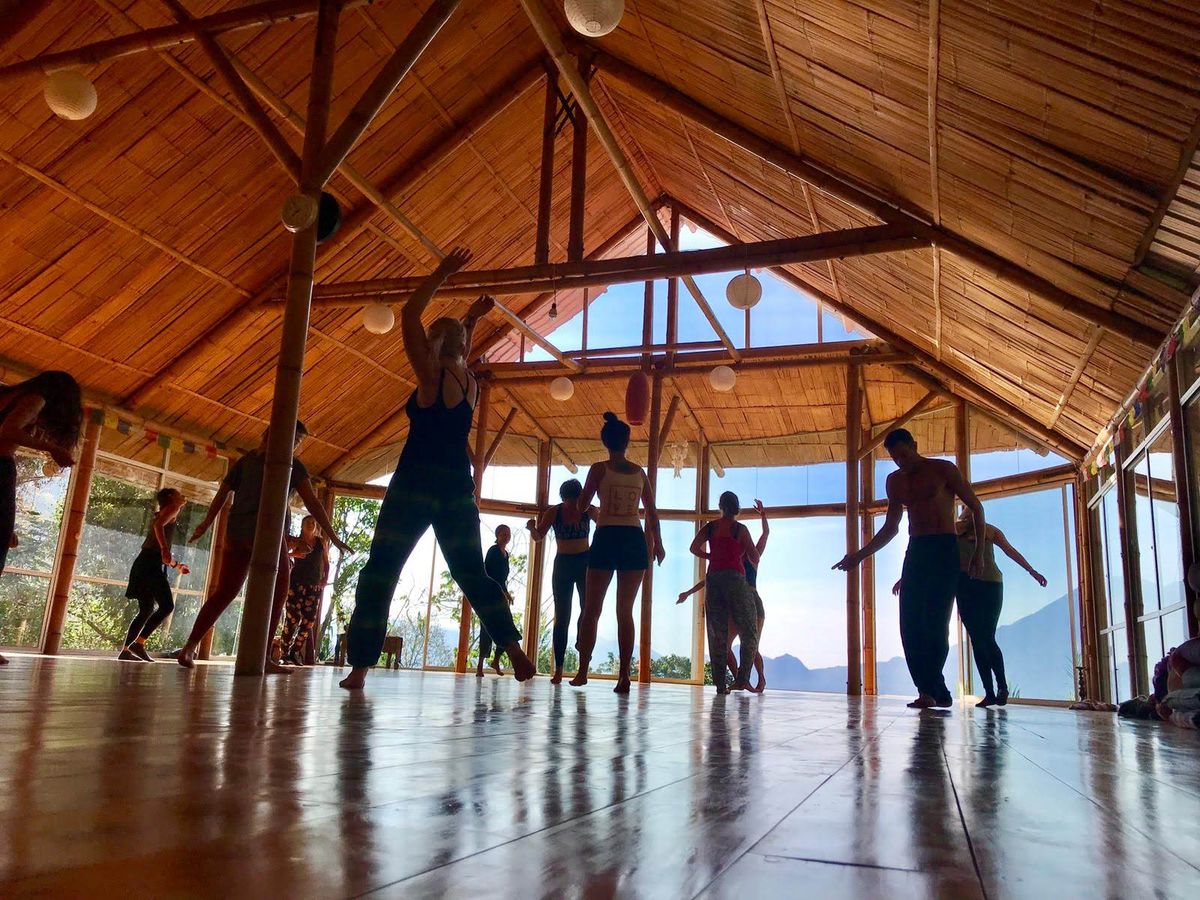 A class in a standing pose in the shala.