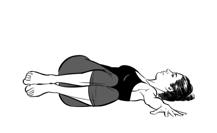 Reclined bound angle, soles together, knees open.