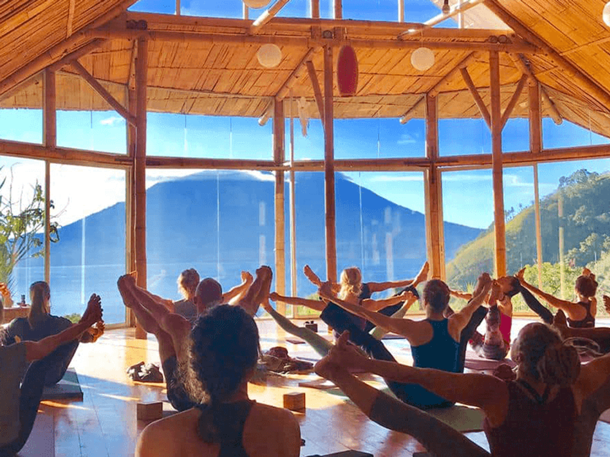 Dharma Hall meeting space with lake and volcano views, Atitlan Eco Retreat