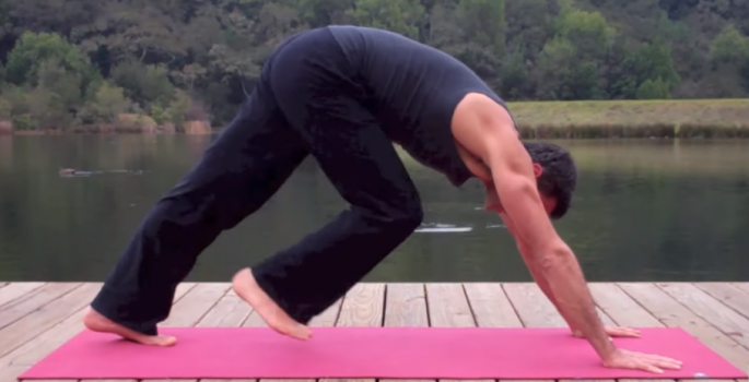 Hands planted and one foot lifting, in the middle of a jump-through.