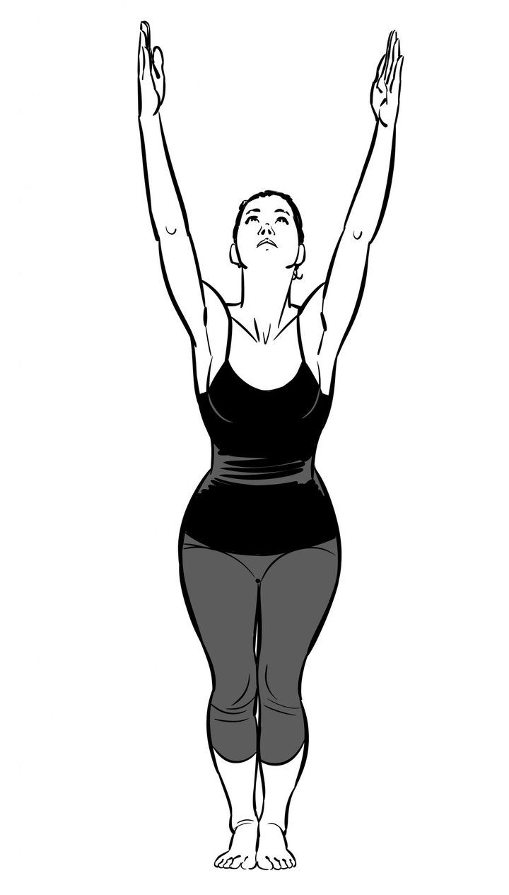 A line drawing of standing with the arms lifted for breath.