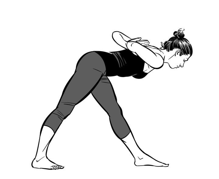 A line drawing of pyramid pose, folded over the front leg.