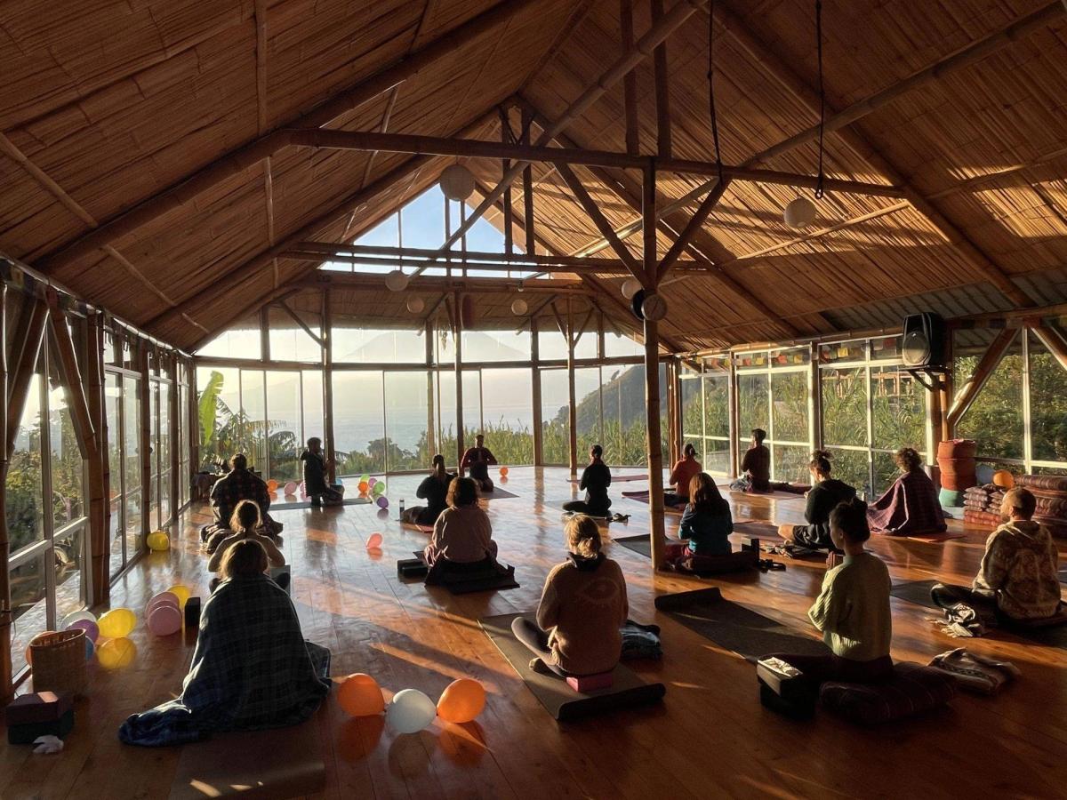 Students seated quietly in the shala at dawn.