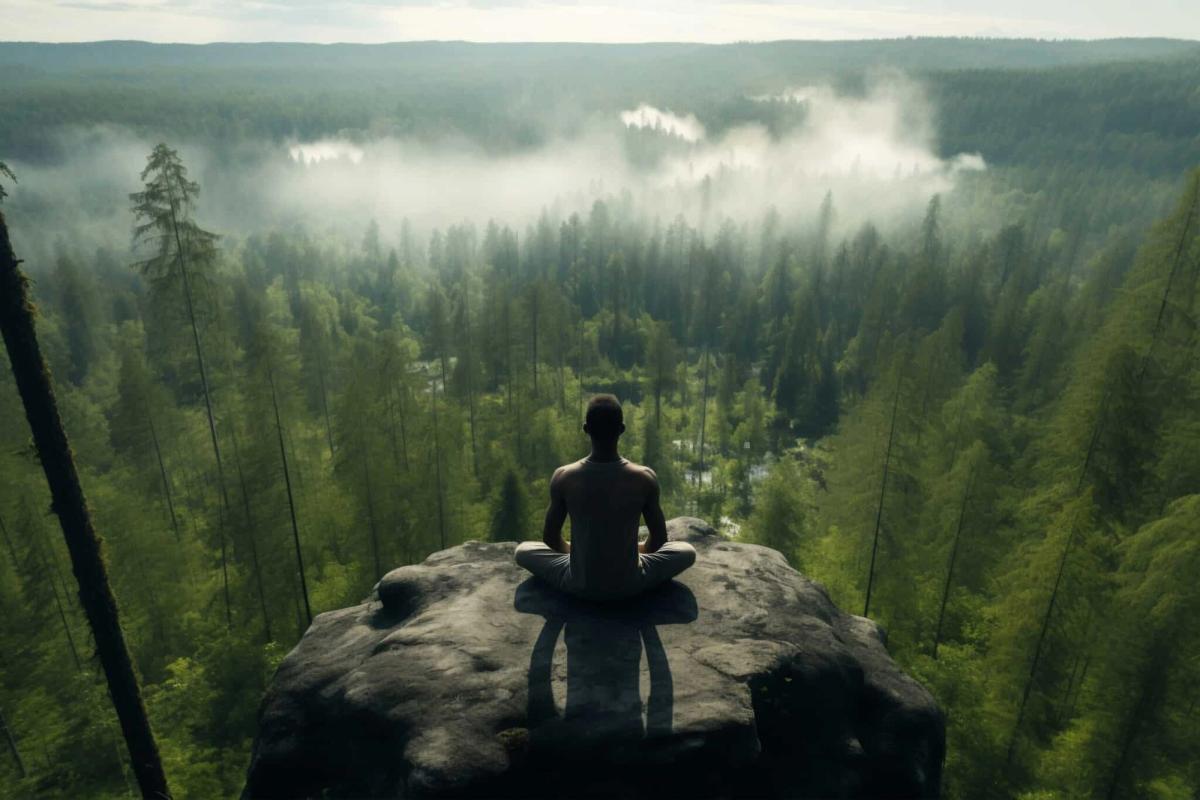 A person seated in meditation above the forest.