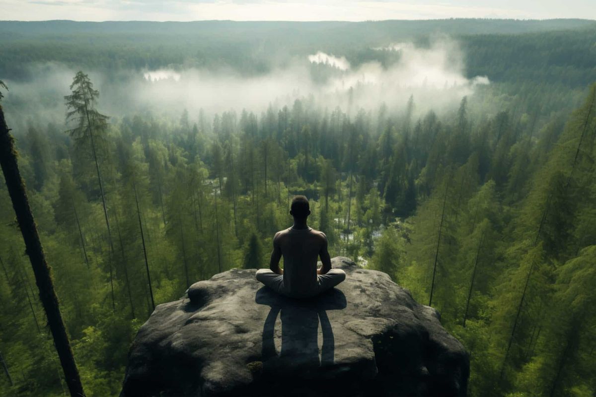 A person seated in meditation above the forest.