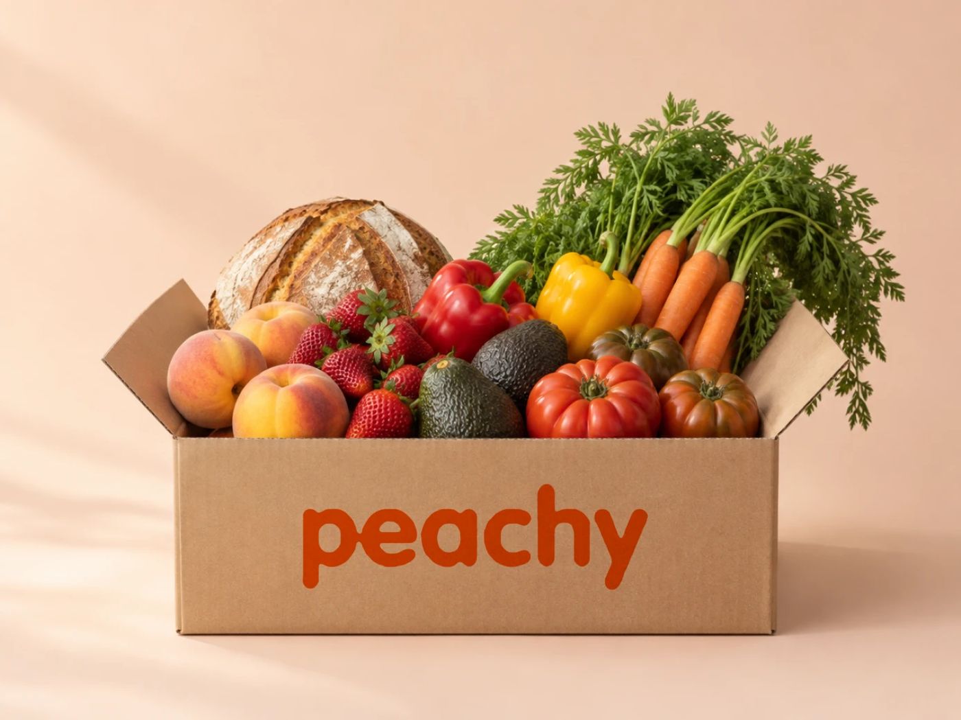 An open Peachy cardboard box full of fresh food: peaches, strawberries, red and yellow peppers, avocados, tomatoes, carrots and a sourdough loaf, on a soft peach background.
