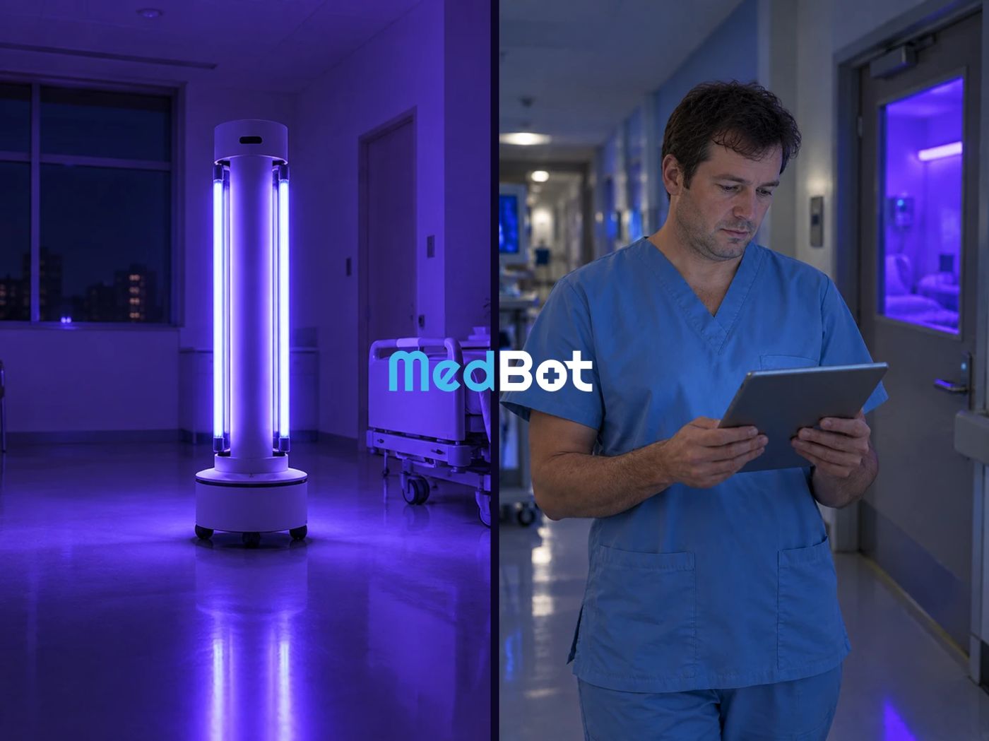 Split image with the MedBot logo: on the left a UV-C disinfection robot glows violet in an empty hospital room; on the right a clinician in blue scrubs checks an iPad in a corridor.