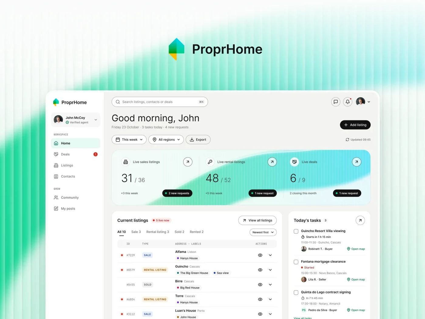 ProprHome logo above the agent dashboard Home screen, with a mint and cyan glass ribbon on a light mint background
