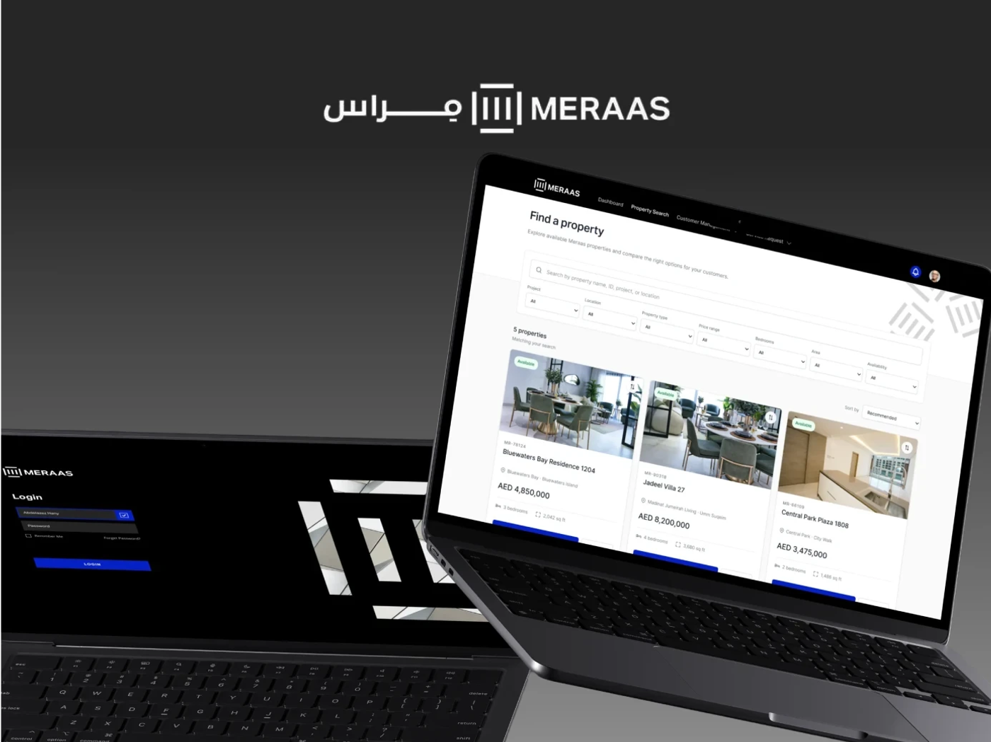 Meraas logo above two laptops: the Find a property search with Dubai property cards, and the dark login screen with the Meraas mark