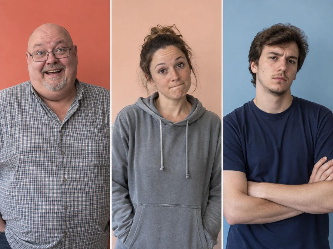 Three everyday people side by side on coral, peach and sky-blue backgrounds, each reacting differently while looking at the viewer: one delighted, one unsure, one unimpressed with arms crossed