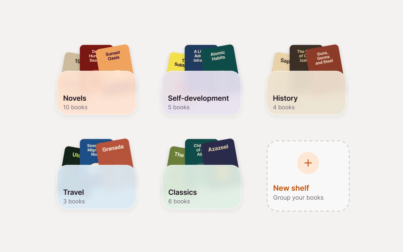 Shelf folders from the Iqraaly app on a warm background: Novels, Self-development, History, Travel and Classics, each a soft-coloured folder holding three fanned book covers with its name and book count, and a dashed tile for creating a new shelf