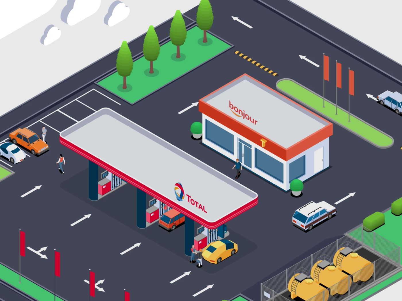 Isometric illustration of a TotalEnergies station: red and white Total canopy over the pumps, a Bonjour shop, cars, trees and fuel tanks